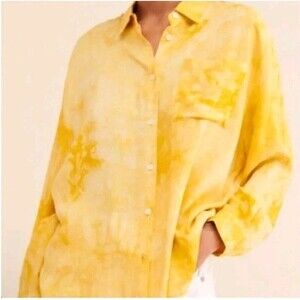 NWT Caara Women Long Sleeve Button Down Shirt Blouse Top Yellow Tie Dye Sz Large